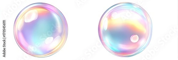 Fototapeta Two iridescent soap bubbles against a white background