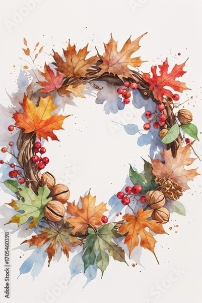Fototapeta Watercolor autumn wreath with maple leaves, walnuts, berries, and branches. Seasonal fall illustration perfect for Thanksgiving, cards, posters, and rustic decor.