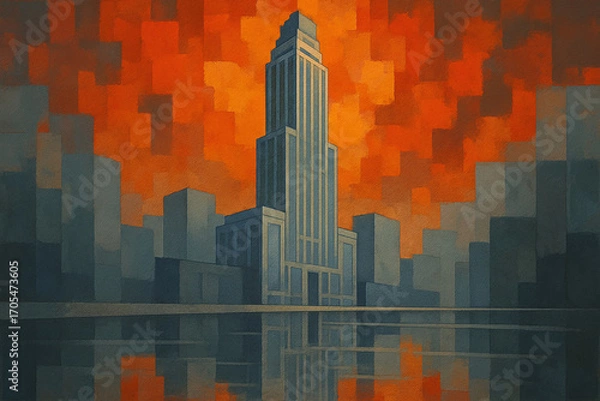Obraz Art Deco Skyscraper Cityscape, Sunset