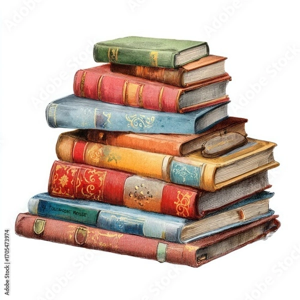 Fototapeta A tall stack of colorful books.  Spaced spines and varied covers, a collection of stories