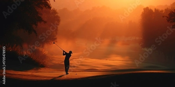 Fototapeta A man playing golf at sunrise with warm tones and golden light illuminating the tee-off moment
