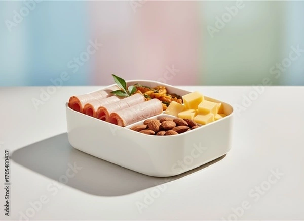 Fototapeta Closeup of school lunchbox with turkey rolls and cheese cubes