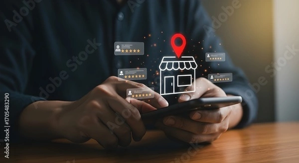 Obraz Local Business SEO and Online Reputation Management with Customer Reviews and Smartphone Interaction

