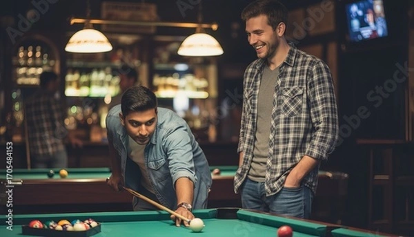 Fototapeta Friends enjoying a game of pool in a cozy bar setting
