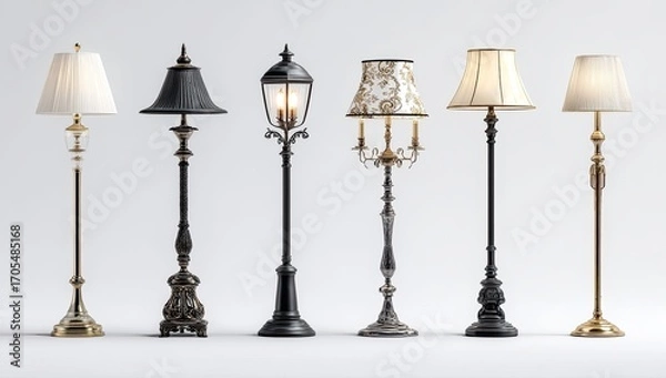 Fototapeta Five floor lamps in various styles, displayed against a plain white background. 