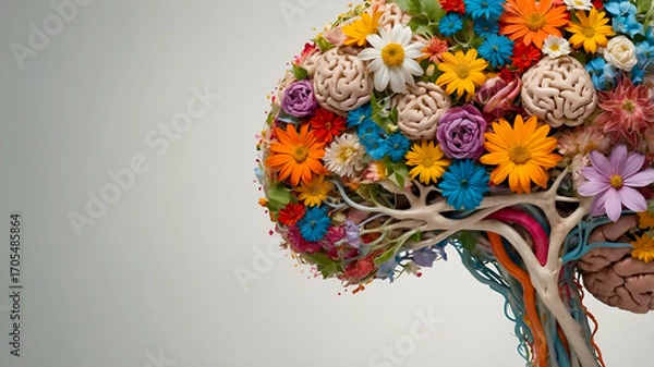 Fototapeta Floral human brain made of vibrant flowers and leaves on a neutral background, symbolizing intellect, life, and nature in an artistic medical-botanical concept.