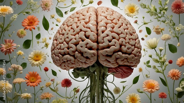 Fototapeta Floral human brain made of vibrant flowers and leaves on a neutral background, symbolizing intellect, life, and nature in an artistic medical-botanical concept.