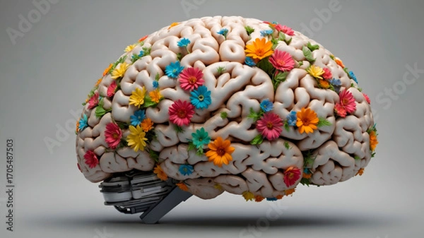 Fototapeta Floral human brain made of vibrant flowers and leaves on a neutral background, symbolizing intellect, life, and nature in an artistic medical-botanical concept.
