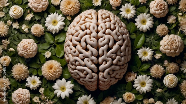Fototapeta Floral human brain made of vibrant flowers and leaves on a neutral background, symbolizing intellect, life, and nature in an artistic medical-botanical concept.