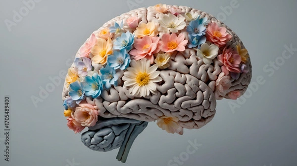 Fototapeta Floral human brain made of vibrant flowers and leaves on a neutral background, symbolizing intellect, life, and nature in an artistic medical-botanical concept.
