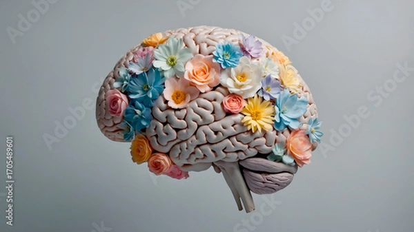 Fototapeta Floral human brain made of vibrant flowers and leaves on a neutral background, symbolizing intellect, life, and nature in an artistic medical-botanical concept.