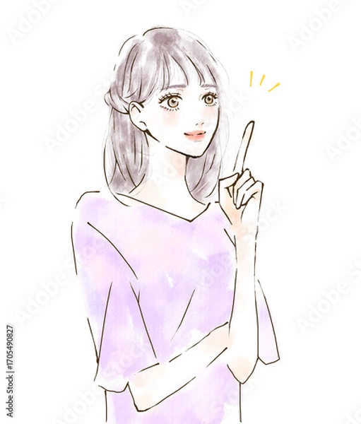 Obraz 指をさす女性　水彩風の手描きイラスト