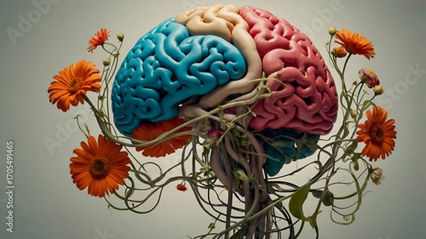 Fototapeta Floral human brain made of vibrant flowers and leaves on a neutral background, symbolizing intellect, life, and nature in an artistic medical-botanical concept.