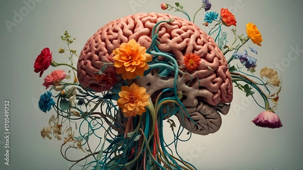 Fototapeta Floral human brain made of vibrant flowers and leaves on a neutral background, symbolizing intellect, life, and nature in an artistic medical-botanical concept.
