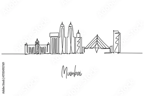 Fototapeta Mumbai city skyline single line drawing with Gateway of India, Bandra Worli Sea Link and Chhatrapati Shivaji Terminus, a cityscape concept for Maharashtra travel theme and India finance capital.