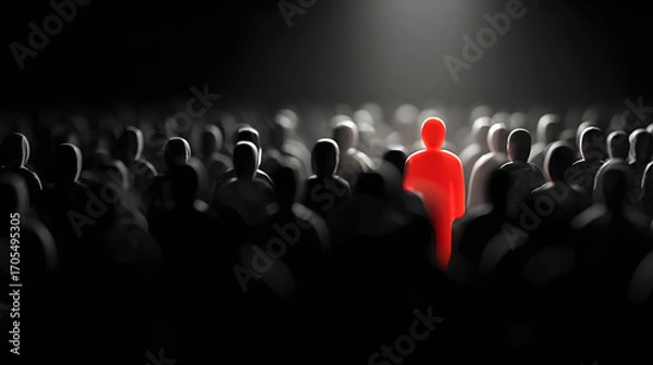 Fototapeta under dense crowd of matte environments. silhouettes, with a striking red figure in sharp contrast spotlight, of black emphasizing the in a insider threats peril data A 44758047 1
