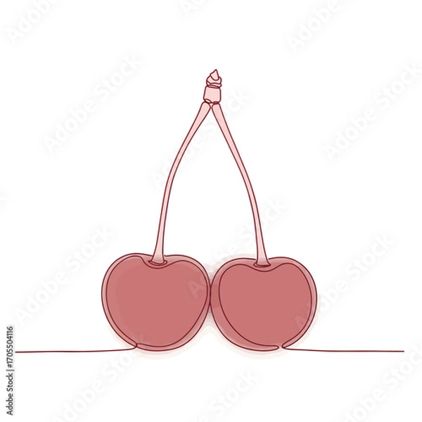 Fototapeta Continuous Line Drawing of Two Cherries Minimalist Fruit Illustration