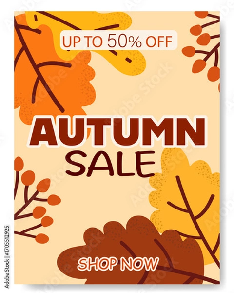 Fototapeta Autumn Sale Backgrounds with Leaves and Berries, Promotion, Marketing, Discount, Shopping, Banner, 50% off, Vector Illustration