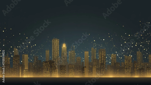 Obraz Night lights, a city of modern business and smart digital innovation with a network of interconnected rewards over the cityscape of the future smart wireless digital city and social media network