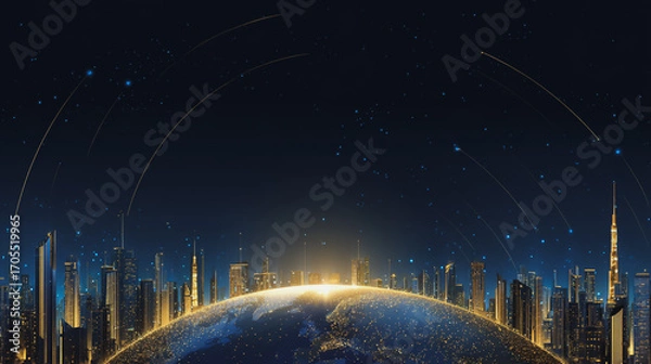 Obraz Night lights, a city of modern business and smart digital innovation with a network of interconnected rewards over the cityscape of the future smart wireless digital city and social media network