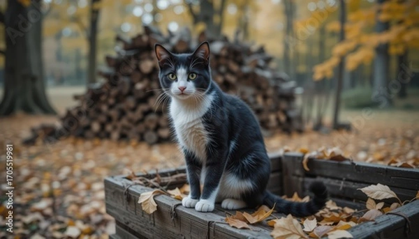 Fototapeta Tuxedo Cat Sitting on Wooden Box in Autumnal Forest