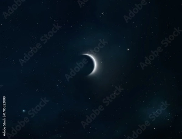 Fototapeta Crescent moon in the night sky with bright stars. Moon isolated on dark background. Astronomical landscape.