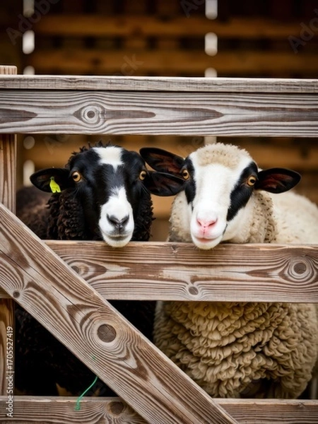 Fototapeta Sheep interaction at a farmyard close-up photography rustic environment animal life