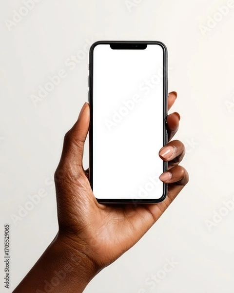 Fototapeta A hand holds a black smartphone with a blank screen against a light background