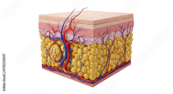 Fototapeta Cross section of human skin layers with adipose tissue and blood vessels.