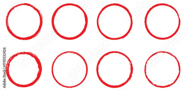 Fototapeta Grunge circles brush set. red circle frames.  round circle for marking text, note, number, marking any object, marker pen . vector illustration .