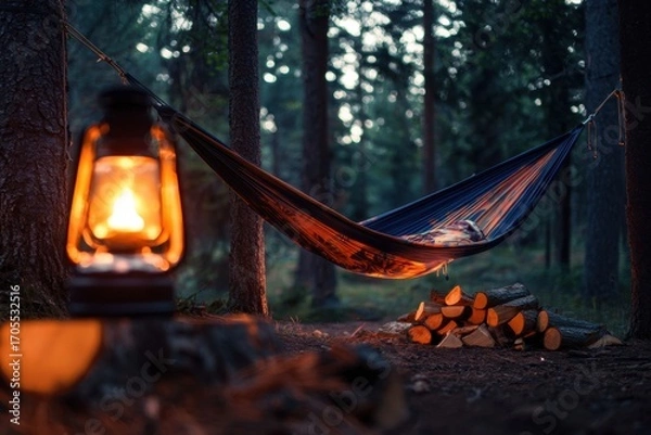 Fototapeta Colorful hammock hanging between two sturdy trees in peaceful forest at dusk with glowing lantern and stacked firewood nearby creating warm and relaxing atmosphere