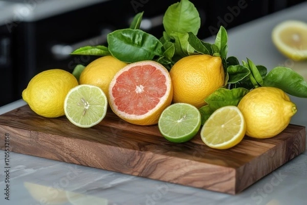 Fototapeta Variety of fresh citrus fruits including lemons, limes, and grapefruit with green leaves arranged on wooden cutting board, showcasing vibrant colors and natural freshness