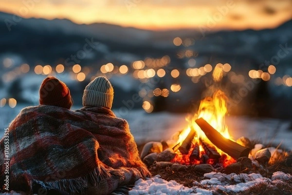 Fototapeta Two friends wrapped in warm blankets enjoy cozy campfire on snowy evening with glowing city lights in background, creating peaceful and intimate atmosphere