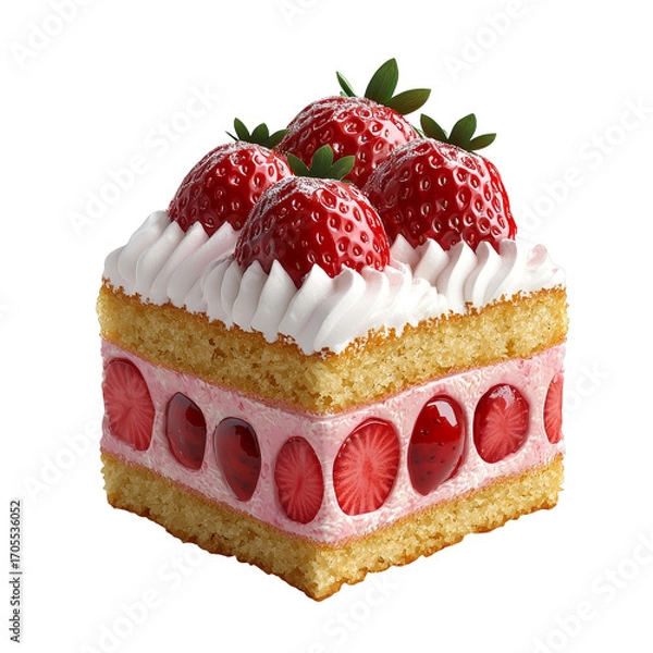 Obraz Strawberry sponge cake slice with whipped cream, fresh strawberry topping and creamy strawberry filling, appetizing dessert