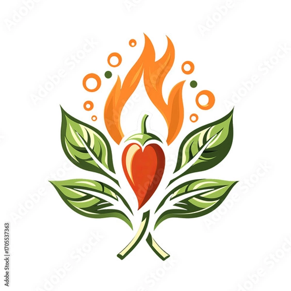 Obraz Spicy red chili pepper with orange flame and green leaves, vibrant botanical illustration with energetic mood