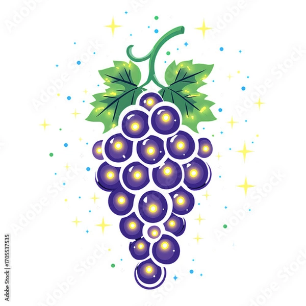 Obraz Sparkling purple grape cluster with green leaves glowing in magical night sky