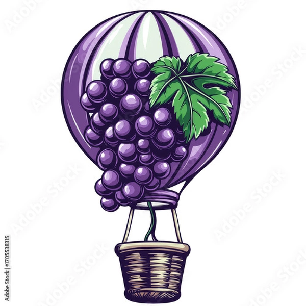 Obraz Purple grape cluster hot air balloon with green leaf and wicker basket creating joyful travel mood