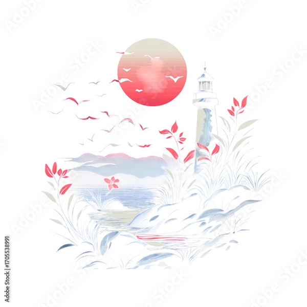 Obraz Serene lighthouse by coastal lagoon at sunset with birds and flowering grasses, dreamy pastel palette evokes calm