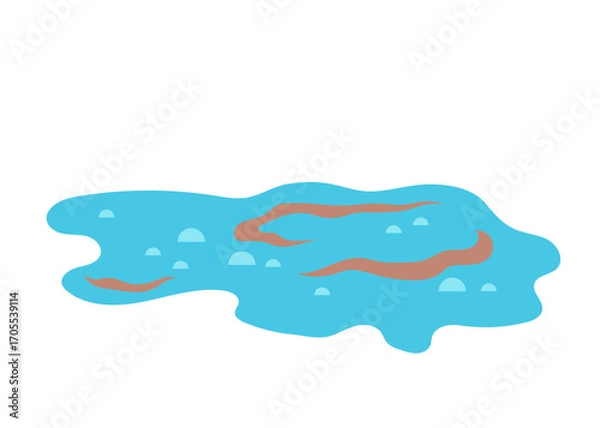 Obraz Flat vector illustration of a blue water puddle with brown mud stains and reflections. Simple minimal design for nature, weather, or environmental projects.