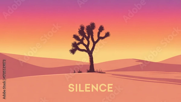 Fototapeta Serene desert landscape with a solitary joshua tree silhouetted against a vibrant sunset sky, evoking silence and tranquility illustration