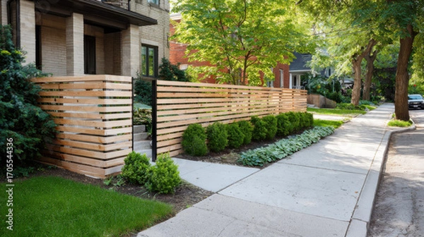 Fototapeta Modern residential corner fencing with clean wood panels and greenery, providing privacy and safety while enhancing architectural curb appeal