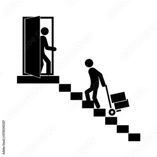 Fototapeta Black and white stick figure, flat vector illustration. Concept of delivery, moving service, logistics, courier and transportation. Minimalistic pictogram style.