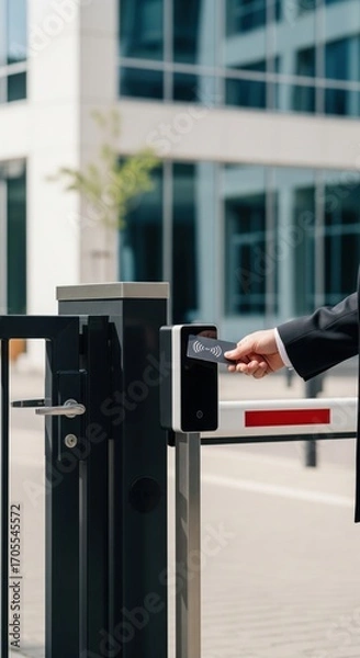 Fototapeta Hand with access card unlocking security gate with modern contactless reader in business district secure entrance system
