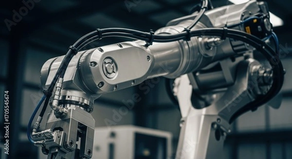 Fototapeta Industrial robotic arm in modern factory close up, advanced automation technology for smart manufacturing, precision engineering, robotics innovation and high tech production equipment