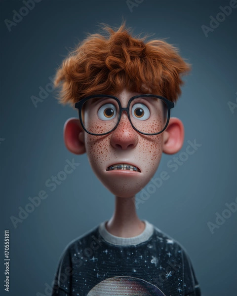 Fototapeta A 3D stylized character portrait of a nerdy redhead boy with glasses and freckles, showing an expression of anxiety, confusion, or surprise.