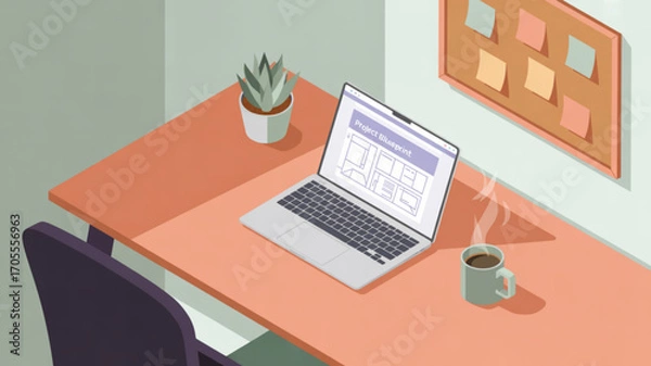 Fototapeta Workplace scene featuring a laptop on a desk with a coffee cup, plant, and sticky notes on the wall, creating a productive and organized atmosphere