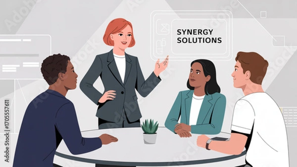 Fototapeta Diverse team of professionals collaborating on synergy solutions in a modern office, fostering teamwork and innovation for business success