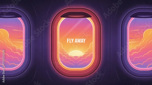 Fototapeta Airplane window view of a sunset sky with clouds and the words fly away, creating a sense of travel and adventure