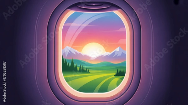 Fototapeta A serene view from an airplane window captures a breathtaking sunset over mountains and fields, evoking feelings of travel and adventure