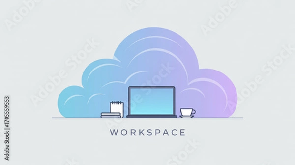 Fototapeta Workspace with laptop, notebook, and cup of coffee cloud computing concept with modern design elements